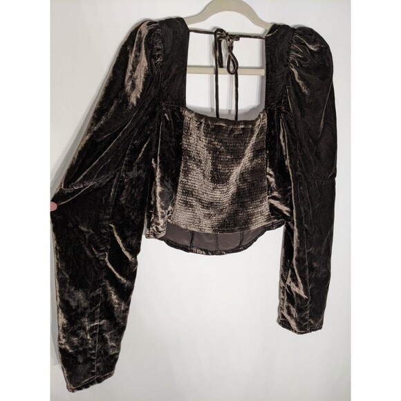Free People Bridgette Brown Velvet Crop Top  Women's Sz L Puff Sleeve Forest - Picture 8 of 11